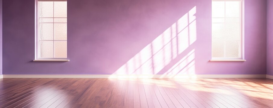Light purple wall and wooden parquet floor, sunrays and shadows from window 