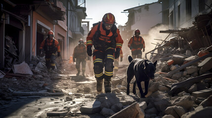 Rescue team with their K9 search and rescue dogs. mobilize in search of earthquake survivors amid the rubble of a collapsed building
