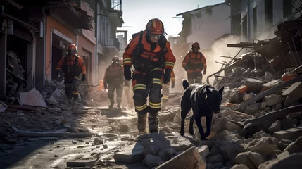 Fotobehang Rescue team with their K9 search and rescue dogs. mobilize in search of earthquake survivors amid the rubble of a collapsed building © Trendy Graphics