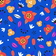 Fototapeta na wymiar Floral seamless pattern. Hand drawn beautiful flowers. Colorful repeating blue background with blossom. Design for wallpaper, textiles, wrapping paper, cover notebook, header. Vector illustration