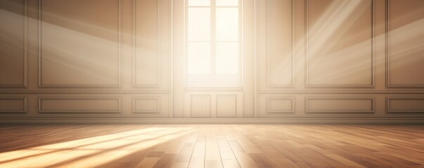 Light sepia wall and wooden parquet floor, sunrays and shadows from window - obrazy, fototapety, plakaty