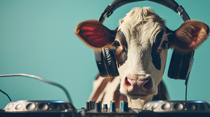 DJ cow with headphones and turntable.