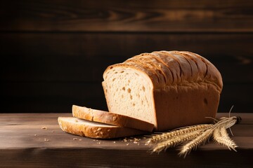 sliced loaf of homemade bread next to wheat 