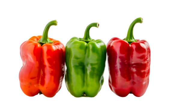 colorful bell peppers in a row, isolated, white background, vibrant colors, vegetables.