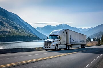 Obraz premium Highway fast moving cargo truck racing across interstate under summer sun capturing dynamic energy and speed of modern transportation and logistics