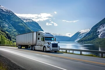 Obraz premium Highway fast moving cargo truck racing across interstate under summer sun capturing dynamic energy and speed of modern transportation and logistics