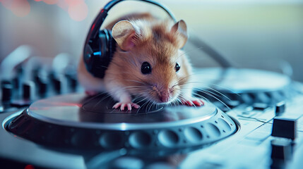 DJ hamster with headphones and turntable. - obrazy, fototapety, plakaty