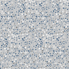 Chaotic dotted seamless pattern. Random small dots, circles, confetti of blue, beige, gray on light gray background. Abstract geometric design