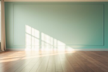 Light turquoise wall and wooden parquet floor, sunrays and shadows from window - obrazy, fototapety, plakaty