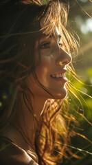 Close up portrait of a beautiful woman smiling, sunlight is on her face and hair, deep green forest in the background, bokeh