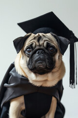 Portrait of dog wearing a graduation cap.