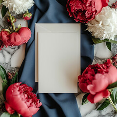 Wedding, birthday stationery mock-up scene. Blank paper greeting card, invitation. Decorative floral composition. Closeup of red and white peonys petals, peonies, flowers