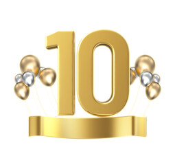 Happy Anniversary Number 10 Gold With Balloon 3D Render