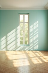 Light turquoise wall and wooden parquet floor, sunrays and shadows from window