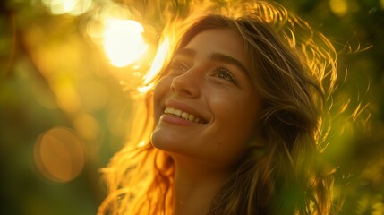 Close up portrait of a beautiful woman smiling, sunlight is on her face and hair, deep green forest in the background, bokeh
