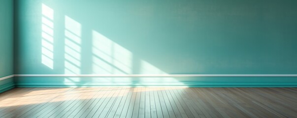Light turquoise wall and wooden parquet floor, sunrays and shadows from window  - obrazy, fototapety, plakaty