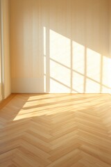 Light wheat wall and wooden parquet floor, sunrays and shadows from window