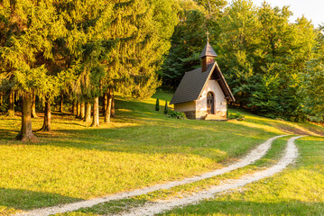 Landscape of Slovenia. A path leads to the small Grilova chapel, on the edge of the fir forest - 707950981