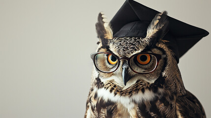 Portrait of owl wearing a graduation cap and glasses.
