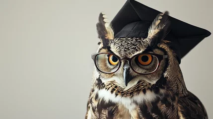 Selbstklebende Fototapete Eulen-Cartoons Portrait of owl wearing a graduation cap and glasses.