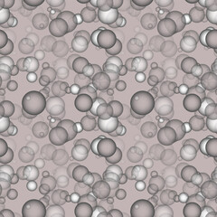 Abstract geometric seamless pattern of gray and white transparent spheres, particles, 3d atomic structure