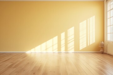 Light yellow wall and wooden parquet floor, sunrays and shadows from window - obrazy, fototapety, plakaty