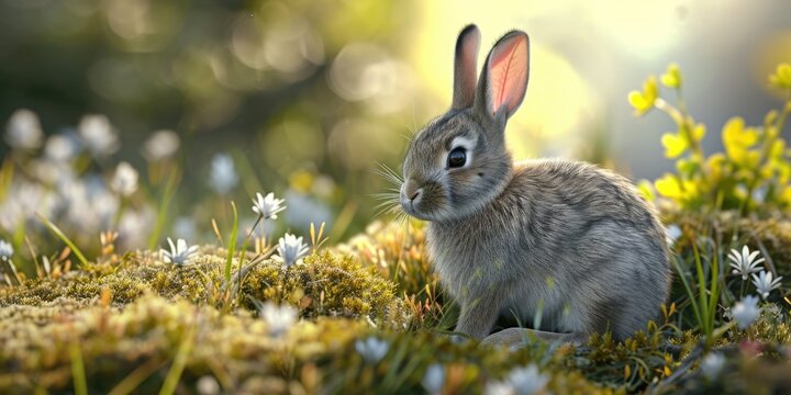 A small rabbit sitting in a field of grass and flowers. This image can be used to depict nature, animals, or wildlife