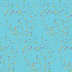 Abstract geometric dotted seamless pattern. Bubbles, confetti, multicolor blurred dots on blue background