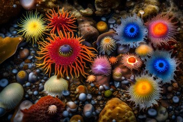 Fototapeta na wymiar A close-up of colorful sea anemones and tide pool life in the littoral zone during low tide.