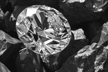 A sparkling diamond sitting atop a rugged pile of rocks. Perfect for illustrating contrast and beauty in unexpected places