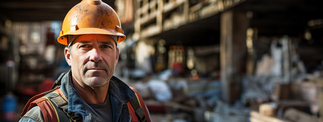 An experienced worker with stern expression, wearing hard hat, protective vest, stands on noisy construction site, harsh reality of labor. Precautions. Construction of buildings. Banner. Copy space - obrazy, fototapety, plakaty