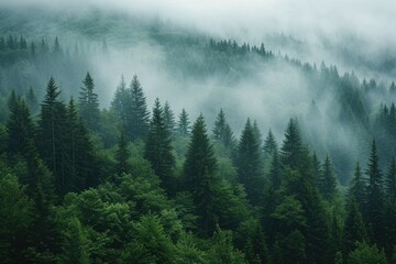 A misty forest with an abundance of tall pine trees. Perfect for nature-themed designs and backgrounds - obrazy, fototapety, plakaty