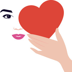 Woman hold heart shape in front of her face. Minimalistic flat style design. Valentine card decoration. Affectionate, desire, flirt, love emotions.