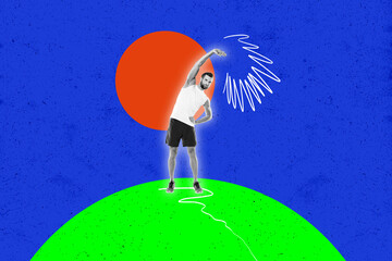 Horizontal creative photo collage of young motivated attractive sportsman rising hand do warmup...