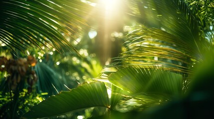 Radiant sunlight on a picture-perfect backdrop of tropical greenery and verdant palm gardens, Generative AI.