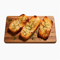 top view photography of garlic bread on wooden board isolated on a transparent background created with Generative Ai