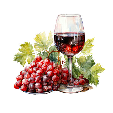 A watercolor drawing of a glass of red wine with grapes.