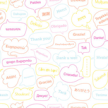 Thank you text in different languages. Seamless hand drawn pattern with bubble speech