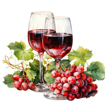 A watercolor drawing of a glass of red wine with grapes.