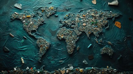 An artistic representation of microplastics forming a world map on a dark background, illustrating the global spread of plastic pollution.