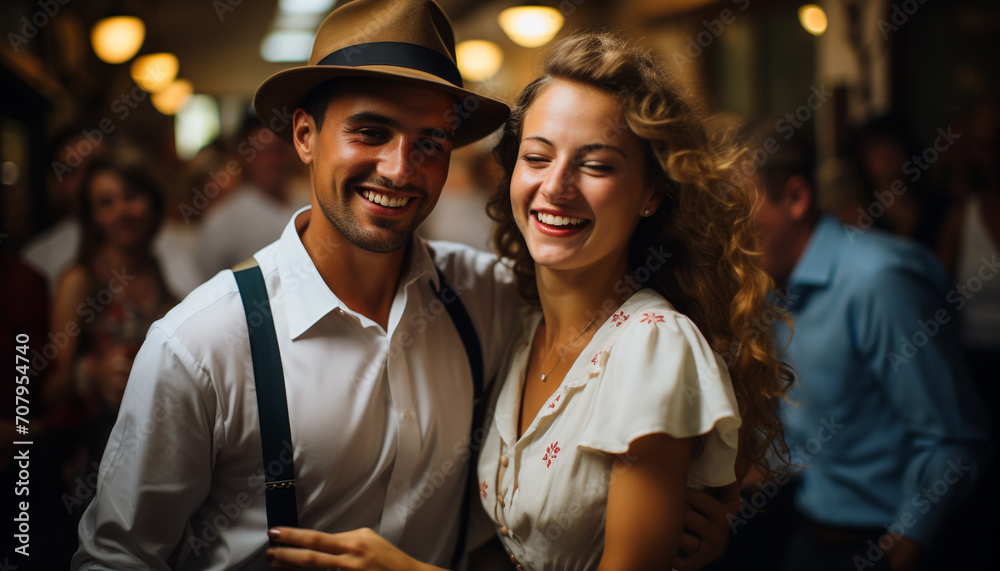 Wall mural young couple smiling, embracing, enjoying nightlife, walking together confidently generated by ai