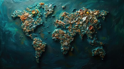 An artistic representation of microplastics forming a world map on a dark background, illustrating the global spread of plastic pollution.