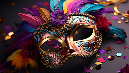 Mardi Gras celebration, costume, mask, confetti, party, parade generated by AI