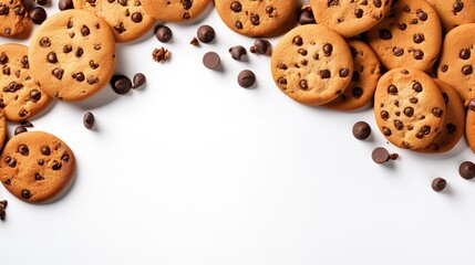 Top view of clean white backdrop decorated as frame with delicious chocolate cookies, Generative AI.