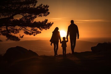 family walking together outdoors at sunrise silhouetted  - obrazy, fototapety, plakaty