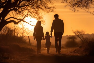 family walking together outdoors at sunrise silhouetted 