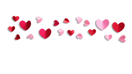 Heart flying composition. Celebration. Bright hearts confetti falling on transparent background. Valentines Day banner for greeting cards, wedding invitation, gift packages