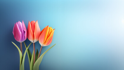 bouquet of tulips on blue background with copy space - obrazy, fototapety, plakaty