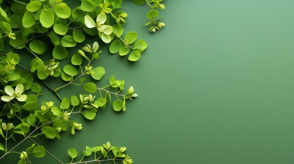 Top view of fresh moringa leaves against a hue of green backdrop, copy space, herbal, Generative AI.