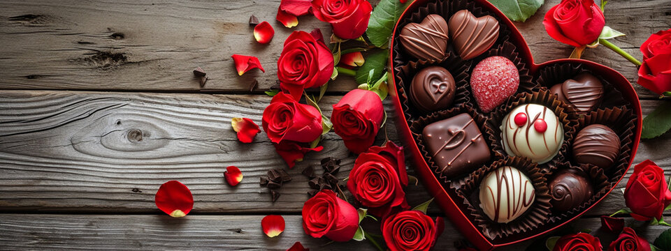 Box Of Chocolates And Flowers On A Wooden Background. Selective Focus. Generative AI,